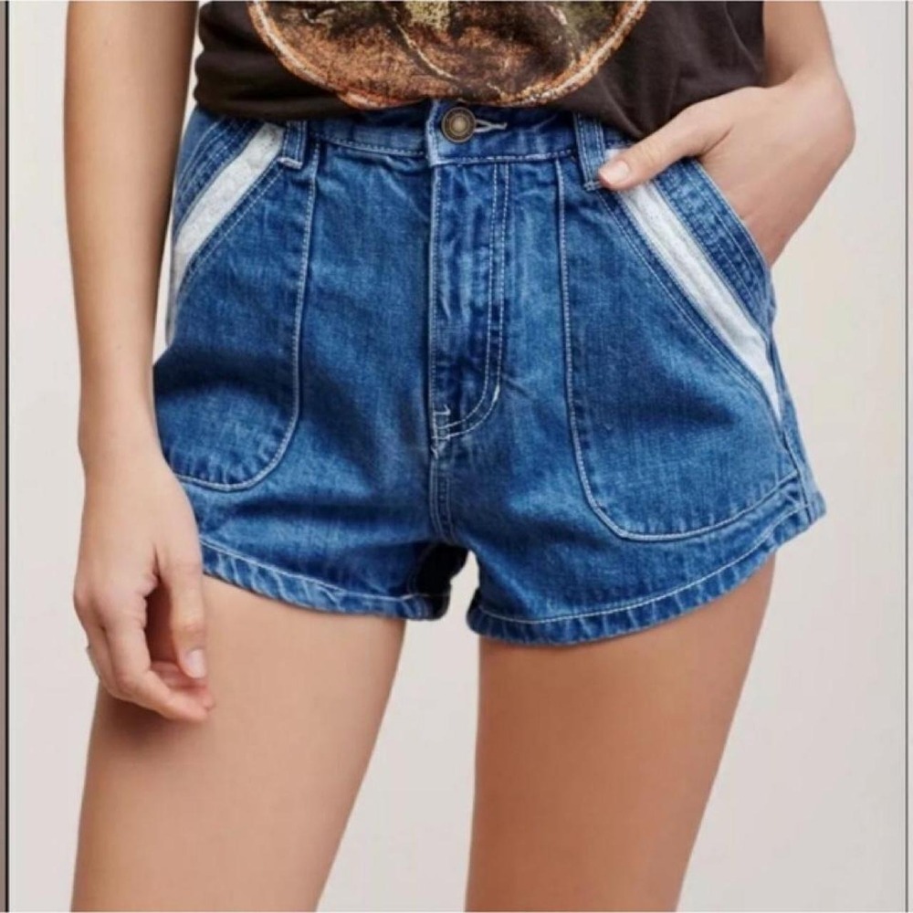 Free People Denim Shorts Women Size 28 Blue Crochet Lace Trim Boho